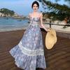 French Vintage Design Sense Niche Lace Waist Suspender Seaside Vacation Blue Floral Long Skirt