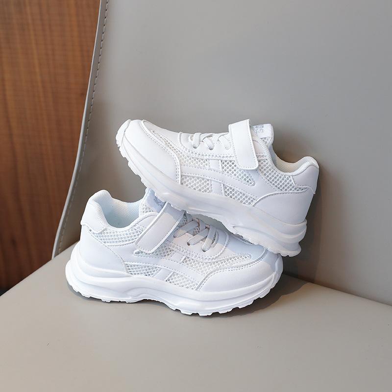 Genuine Leather Girls' Spring and Summer New Style Boys' Single Mesh Breathable Sports White Shoes for Older Boys with Soft Soles