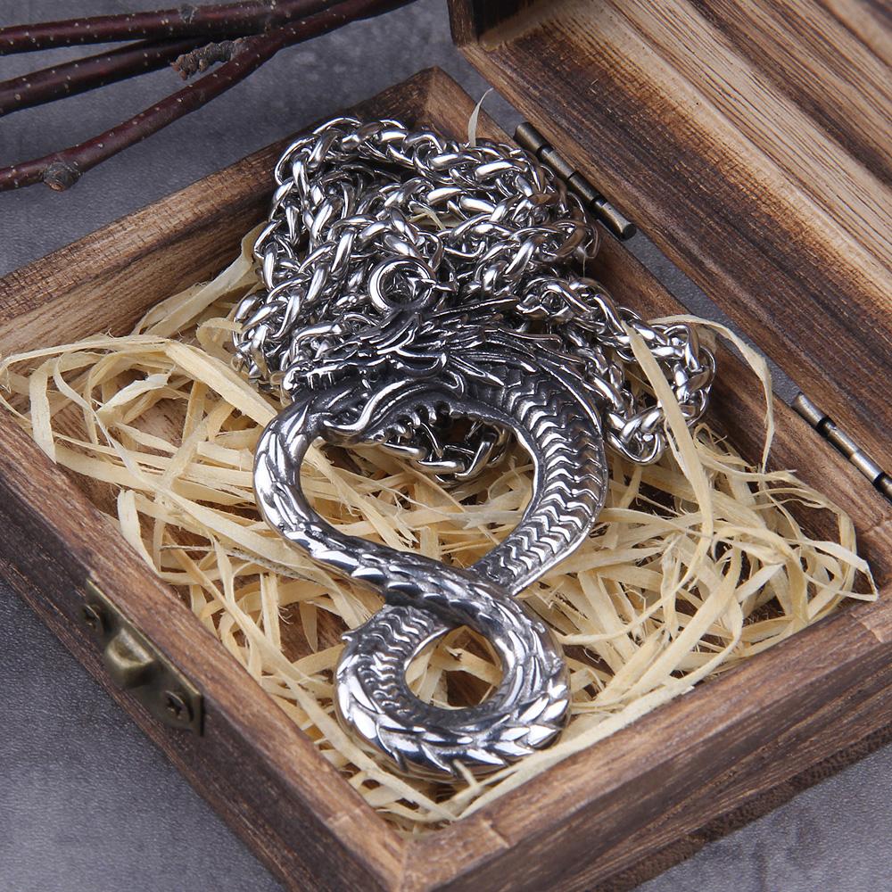 Never Fade Norse Ouroboros Dragon Snake Pendant Necklace with Wooden Gift Box