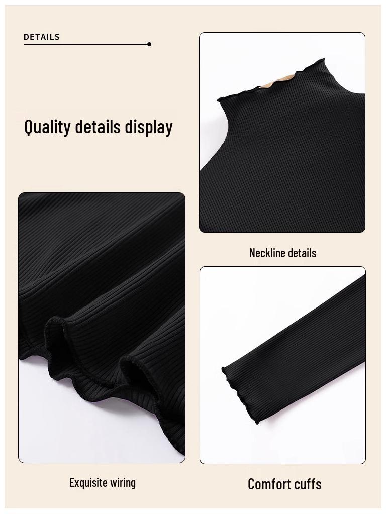 Women's Slim Fit Black Modal Long-Sleeve Mid-Neck Top for Autumn/Winter