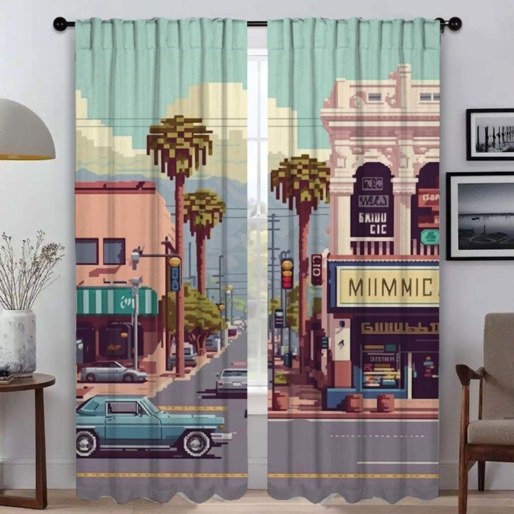 Cities Pixel Art Curtains Child Room Partition Blackout Curtain for Room 2 Panel Home Interior Curtains Shades Living Kitchen