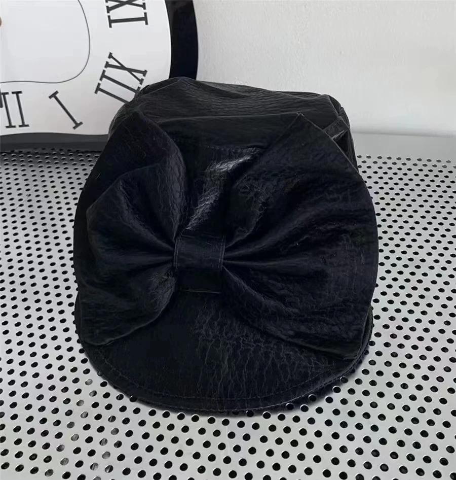 

2025 fashion Korean design soft patterns pu big bowknot lady beret cap women Leisure painter hat M(56-58CM) чорний