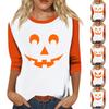 Women's Casual Three Quarter Sleeve Halloween Pumpkin Face Print Crew Neck Shirt Lightweight Comfortable Fit Top for Fall