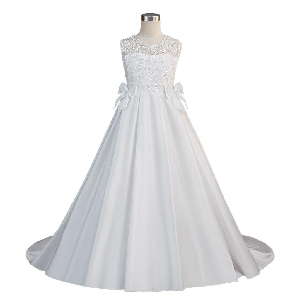 Girls' 2026 Satin Backless Train Dress for Piano & Host Performances