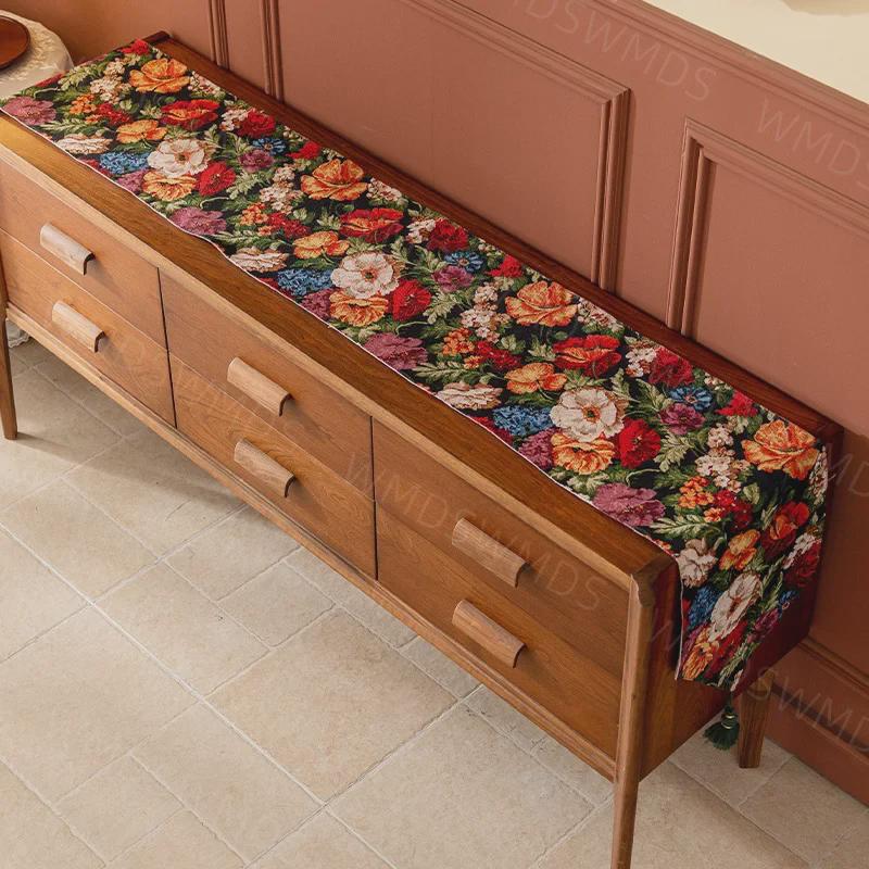 French High-End Fabric Tassel Table Runner for Living Room or Dining Room