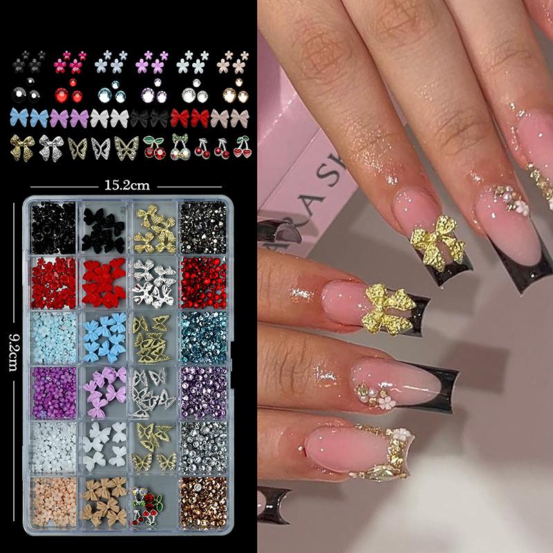 24 Grids, Mixed Nail Decoration Accessories, Rhinestones, Pearls, Beads, Bowknot, Nail Art Jewelry, DIY Tools