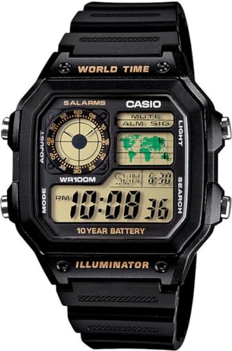 

Casio World Time Digital Wristwatch AE-1200WH-1BV Black with Gold LCD (International Model) / AE-1200WHB-1BV Black with Green LCD(International Model)