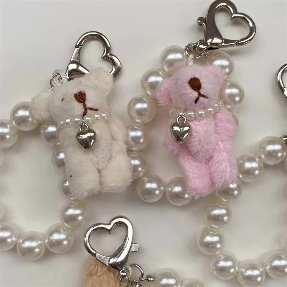 Gift Plush Teddy Bear Mobile Phone Chain Imitation Pearl Doll Pendant Women Girls