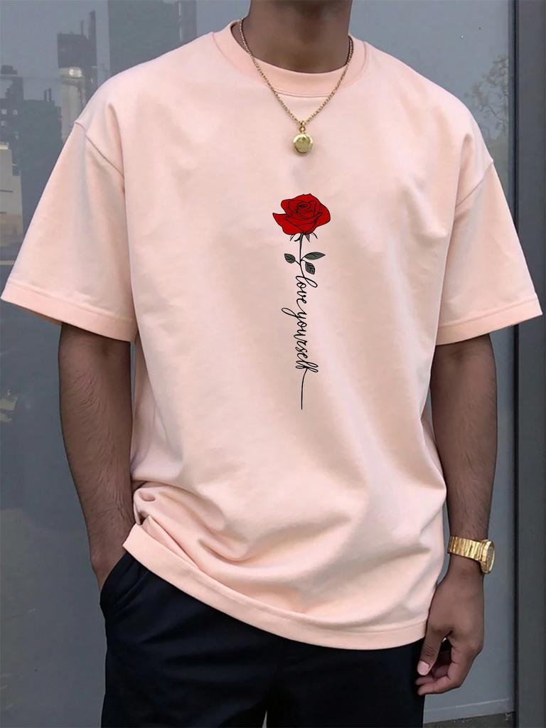 Men's T-shirt Summer Fashionable Casual Sports Loose Red Rose Pattern Printed Round Neck Short Sleeved Top