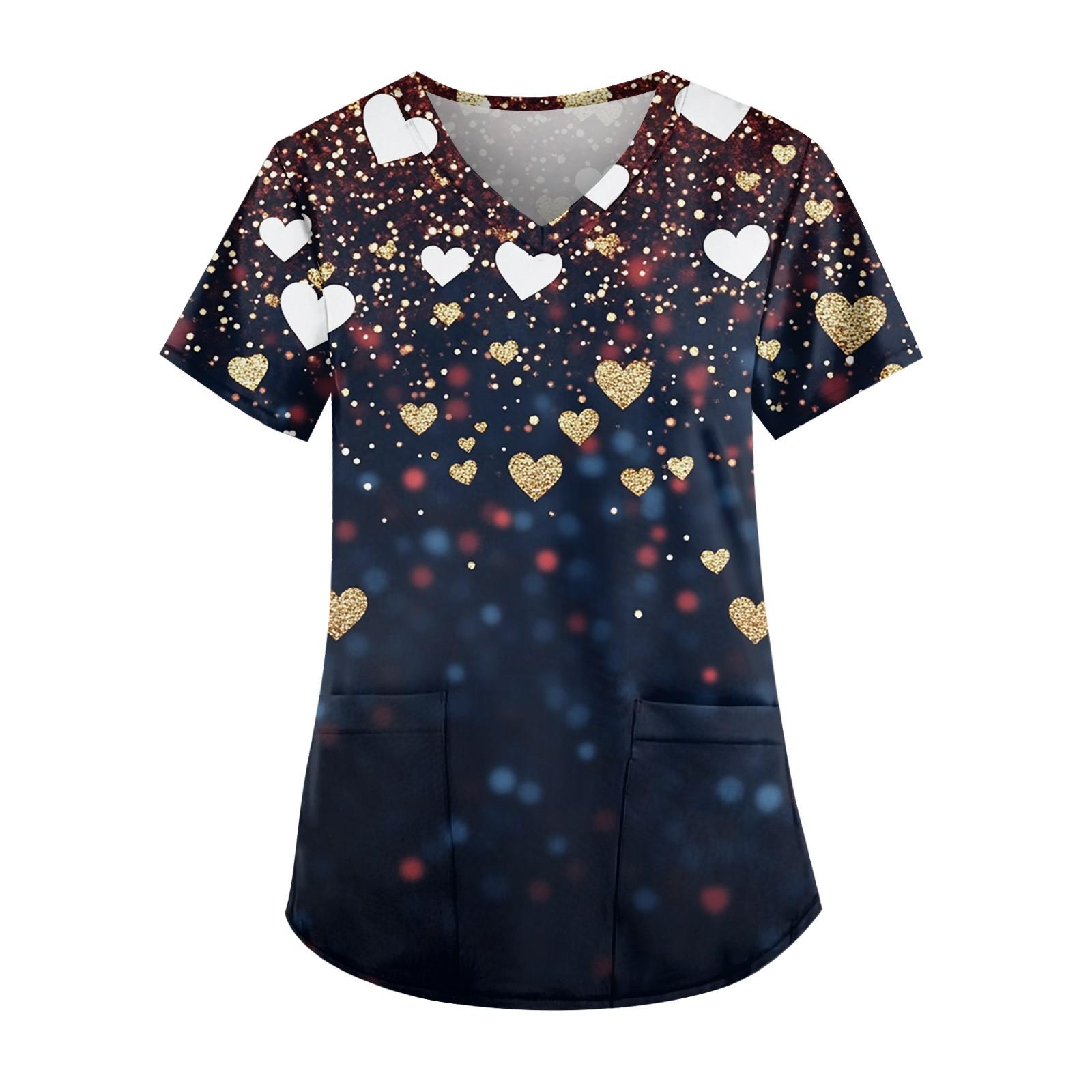 Women s Cute Printed Work Clothes V-neck Double Layer Pockets Basic Short Sleeve Top Pullover Christmas L