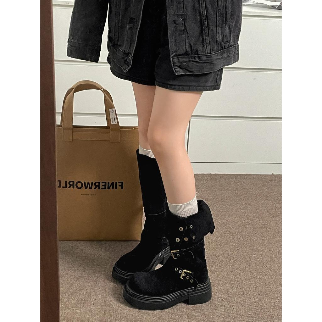 Black Retro But Knee Thick-soled Boots Women's 2025 New Autumn Small Man Height and Thinness Knight Boots