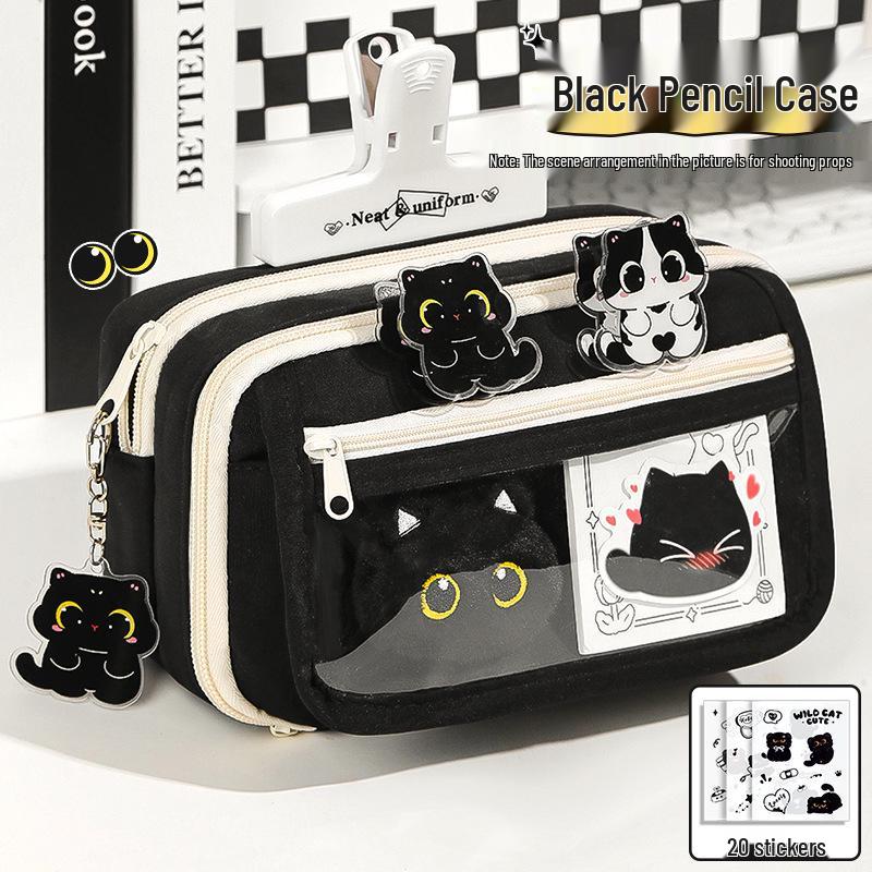 2025 New Little Black Cat Transparent Pencil Case - Large Capacity, Trendy Stationery for Girls