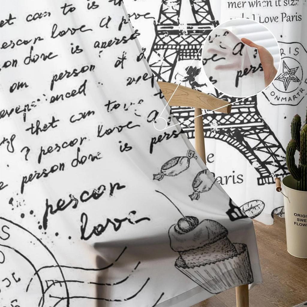 Black And White Paris Drawing Tulle Curtains for Living Room Drapes Window Sheer Modern Curtains for Bedroom Decor
