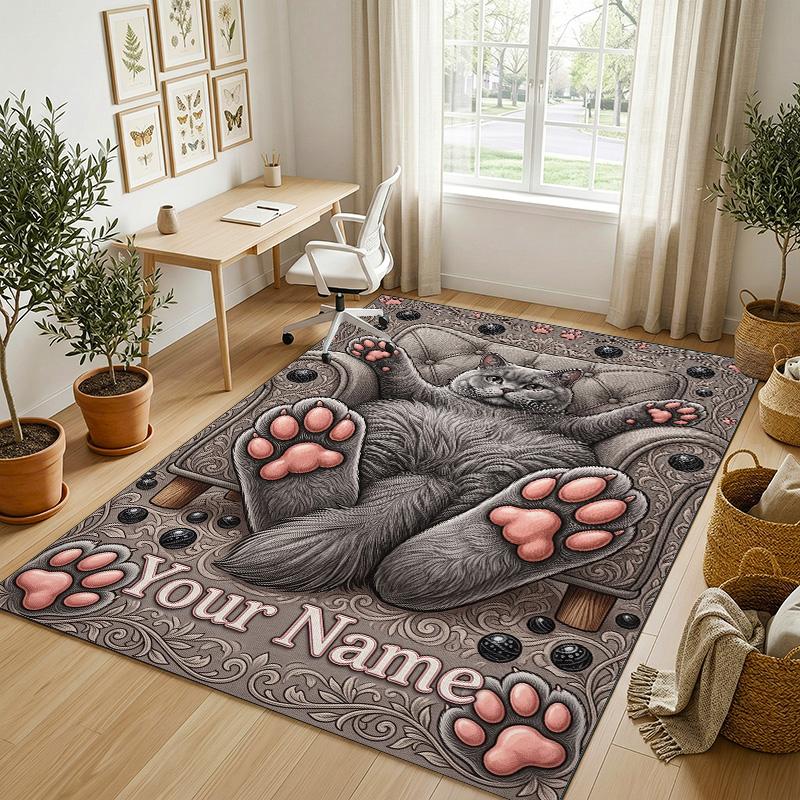 Cat Theme Crystal Velvet Rug Personalized Custom Name Text Soft Floor Mat Home Decor