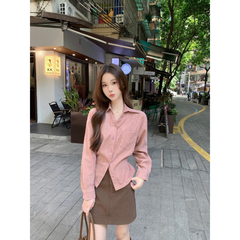 Autumn/Winter Korean Corduroy Tie-Up Lapel Shirt for Women - Elegant, Slimming, Chic, and Versatile Top