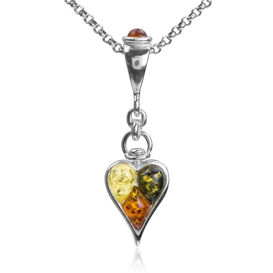 Multicolor amber sterling silver heart pendant chain, 46 cm