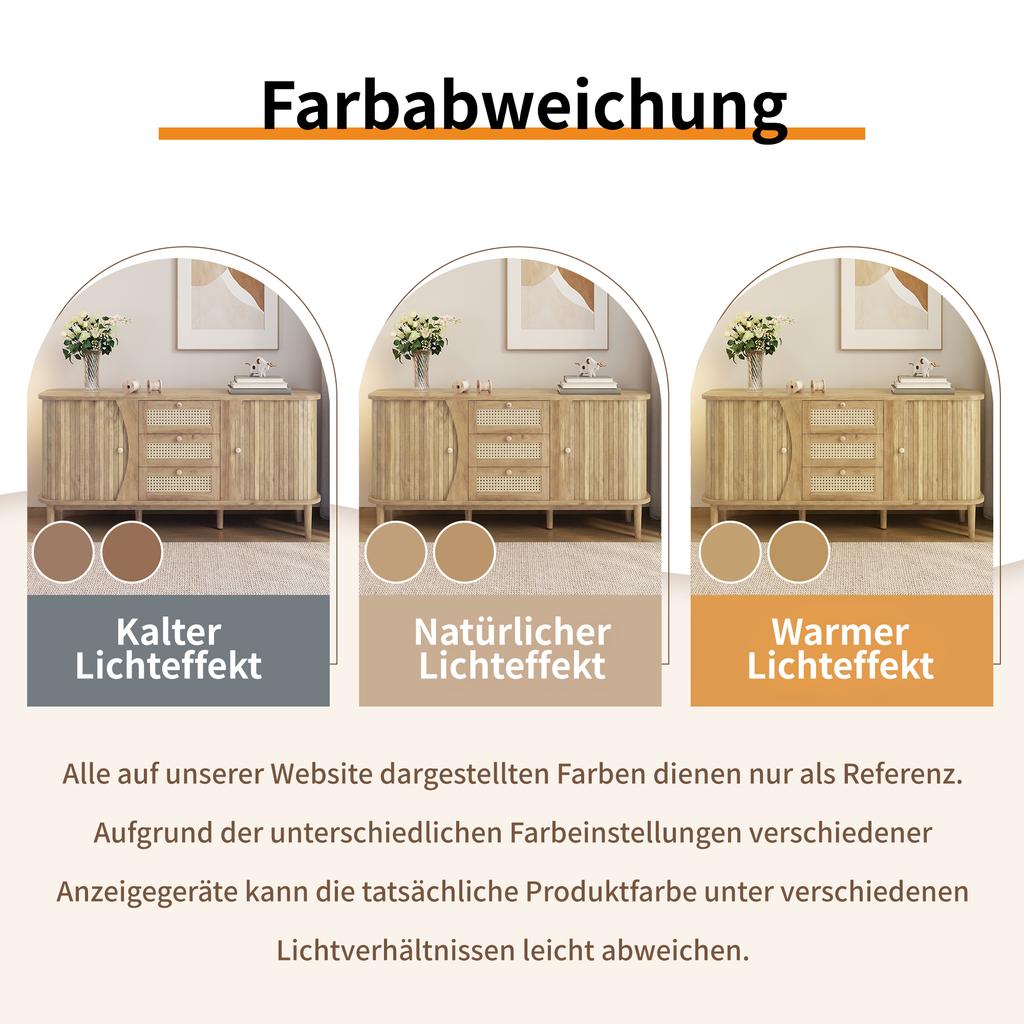 Sideboard, rattan chest of drawers, chest of drawers with sliding doors, adjustable shelves and rounded top.