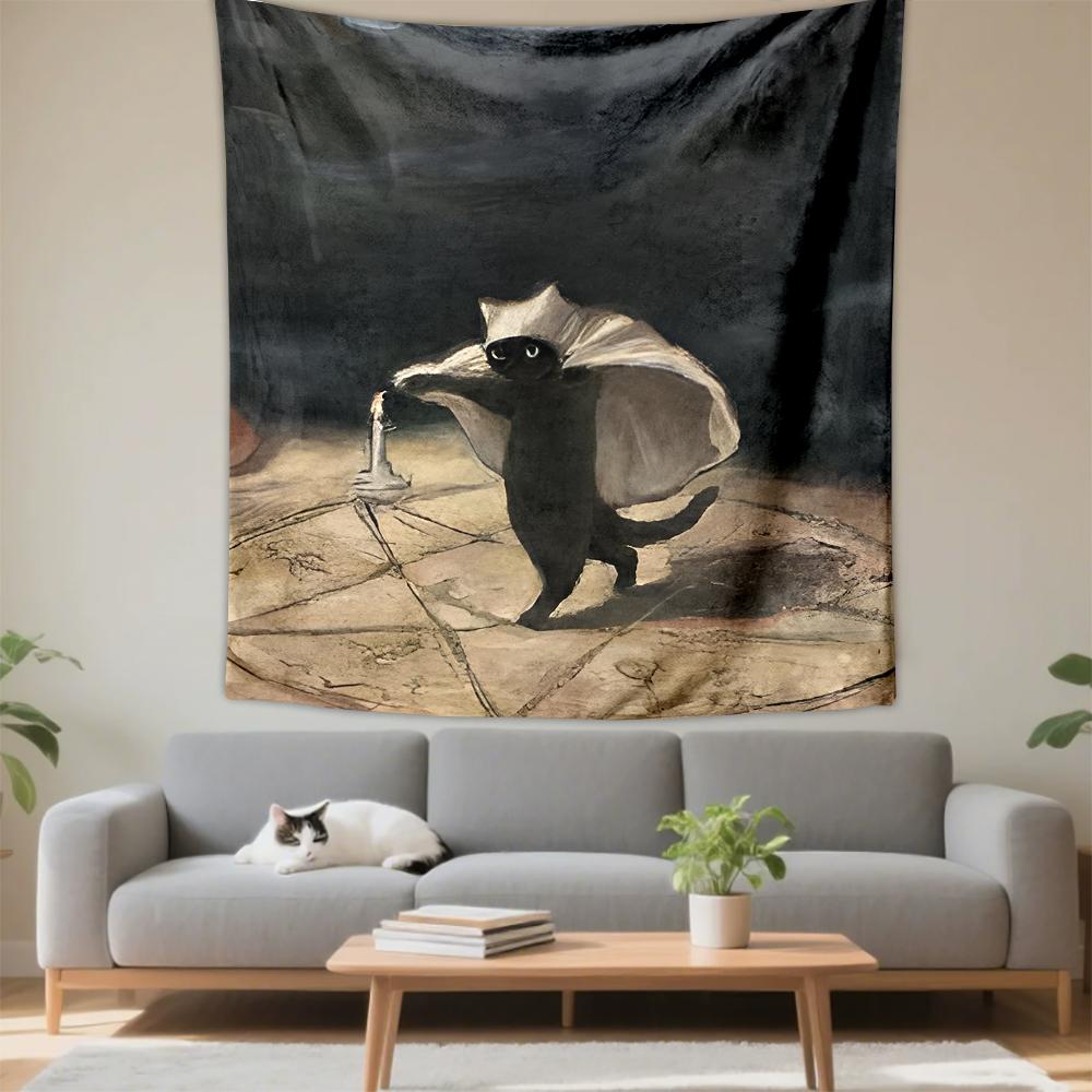 Black Cat Wizard Candle Tapestry Wall Hanging for Bedroom Living Room Decor Gift for Fans