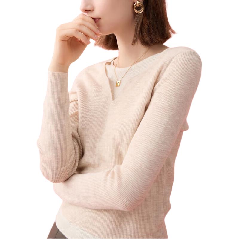 Sancai Women's Faux Two-Piece Colorblock 100% Wool Sweater