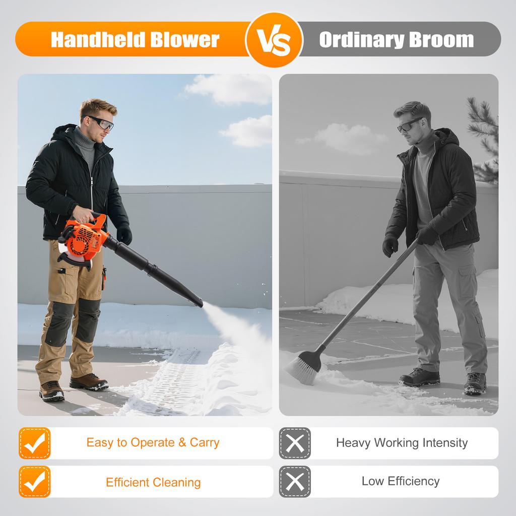 Gasoline Leaf Blower 25.4CC 2-Stroke Handheld Blower 7500RPM for Yard Lawn Cleaning Leaf Snow Blowing with 2 Pipes