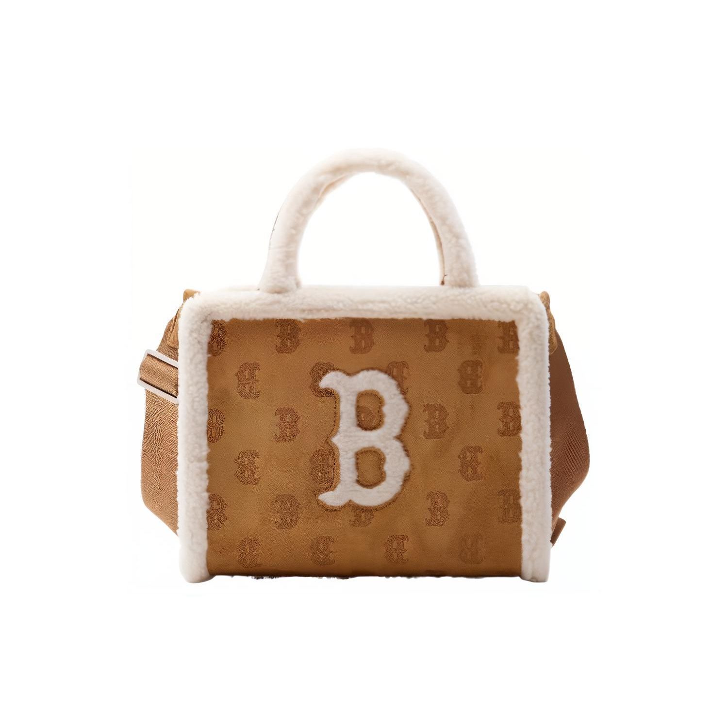 MLB Boston Red Sox Vintage Letter Print Casual Commuter Open Closure Faux Shearling Tote Bag Unisex tote bag Camel 3AORS1036-43CAS Camel