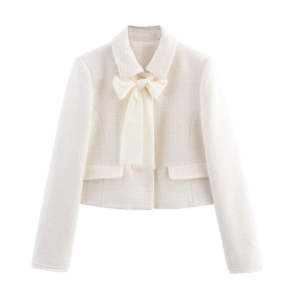 Spring 2025 European & American Women's Bow-Embellished Textured Top & Culottes Set