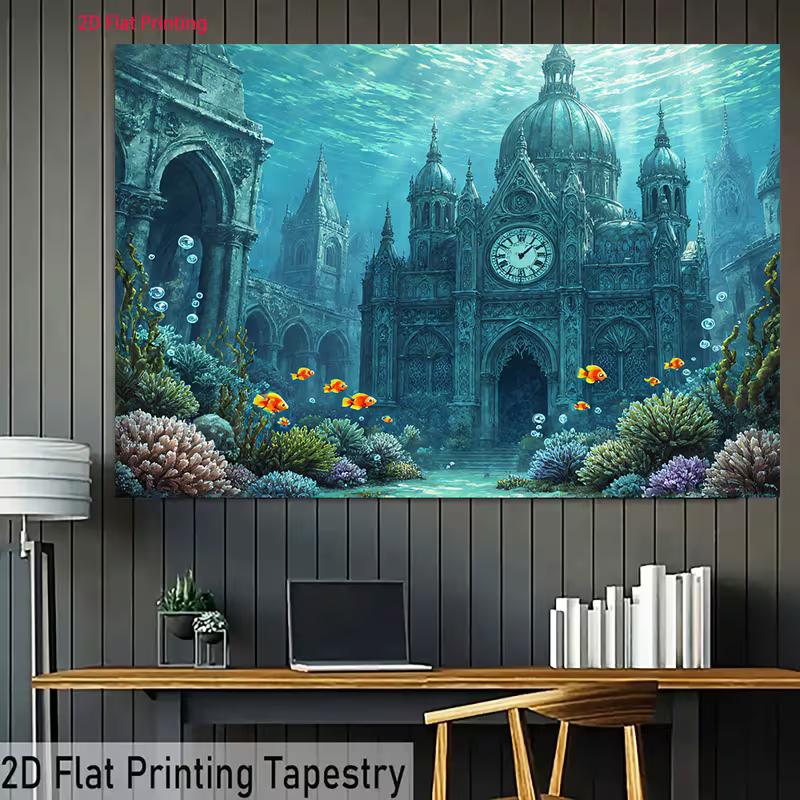 2D Underwater Ancient Building with Fish Backdrop Cloth for Kids Party