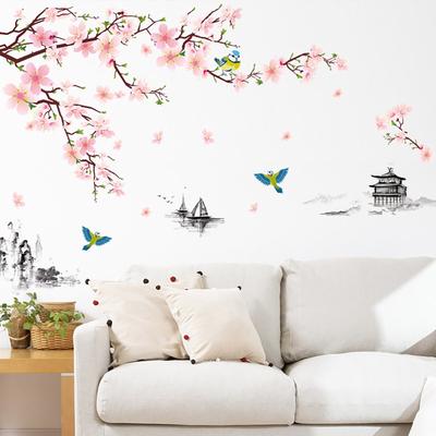 Ink Wash Peach Blossom Wall Stickers For Living Room Bedroom Home Flower Background Wall Decor Self-Adhesive Sticker Wallpaper