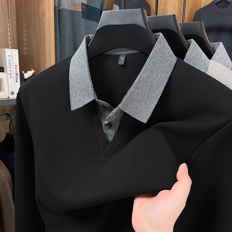 

Soft And Comfortable Men S Fake Two-Piece Autumn Solid Color Simple Quality Long Sleeve T-Shirt Classic Versatile Trend Menswear XXXL чёрный