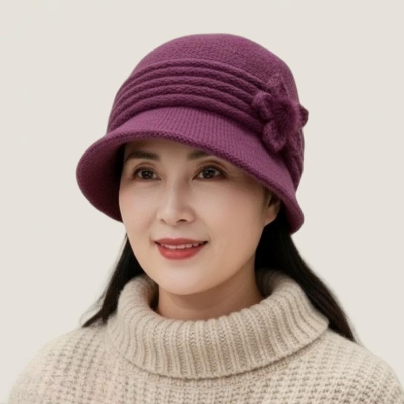 Middle-aged and Elderly Hats, Women's Winter Warm Mother Wool Hats, Fashionable Versatile Ear Protectors, Basin Hats, Fleece and Cold-proof Knitted Ha
