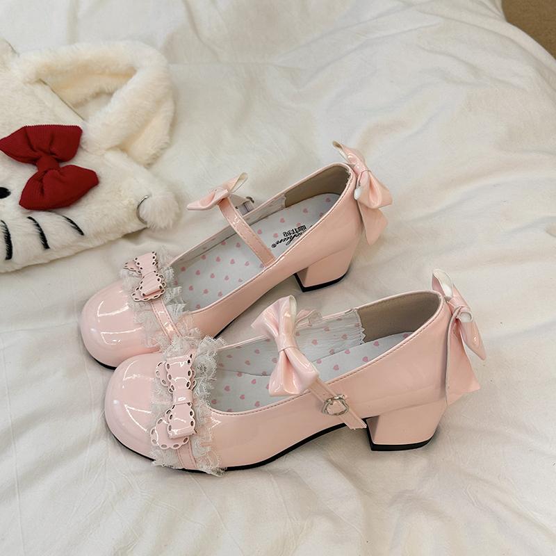 Plus Size Women's Shoes Round Toe Shallow Mouth Bow Mary Jane Small Leather Lace Fashion Square Heel Single Shoes
