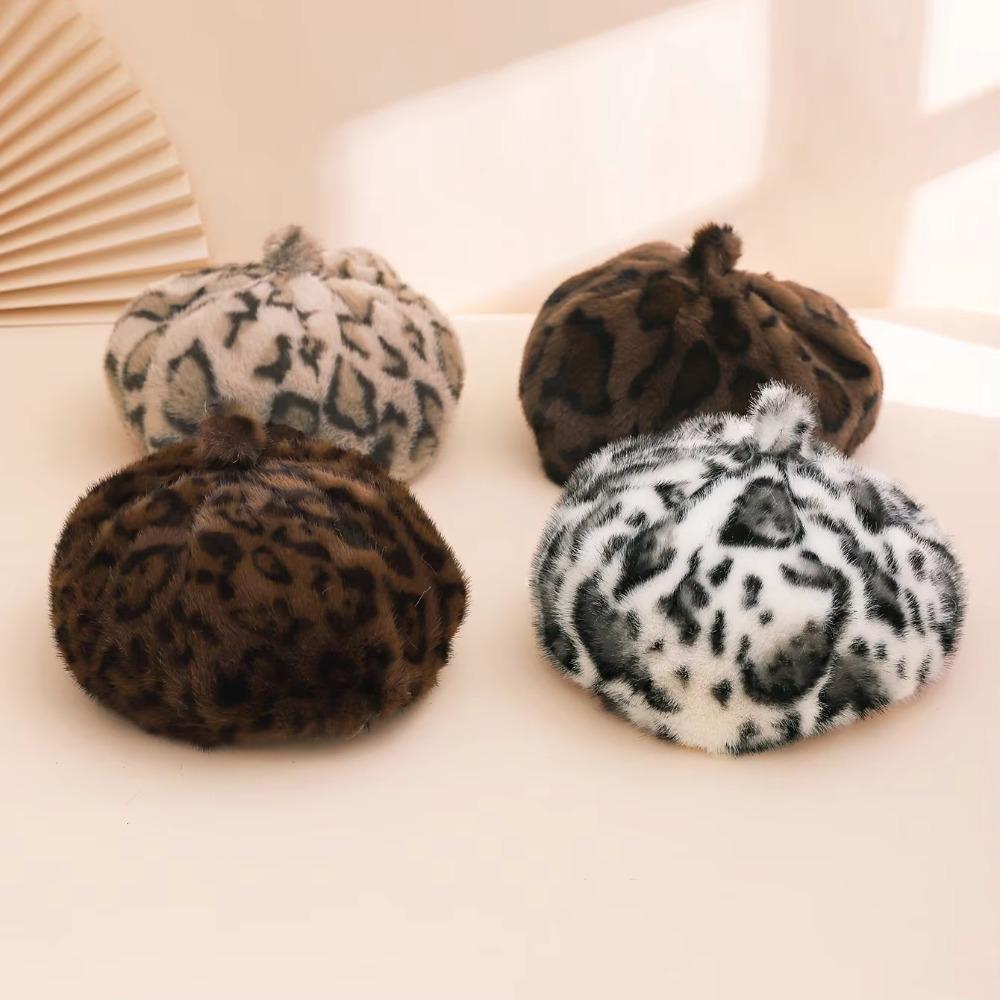 Leopard Print Faux Rabbit Fur Beret Flush Furry Fluffy Plush Beret Octagonal Beanie Cap  Women Girl