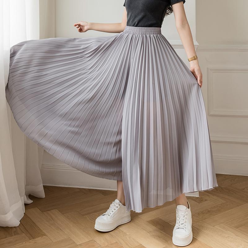 Korean Spring Summer Women Wide Leg Pants High Waist Blue Purple Black Gray Brown Loose Pleated Chiffon Capris