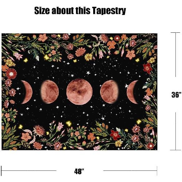 Rexful Moonlit Garden Tapestry, Moon Phase Surrounded by Plants and Flowers Black Wall Hanging Blanket 36×48 inch