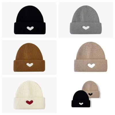 Fashion Heart Embroidery Winter Knitted Hat Thick Warm Solid Color Beanie Cap Soft Windproof Crochet Bonnet Hat