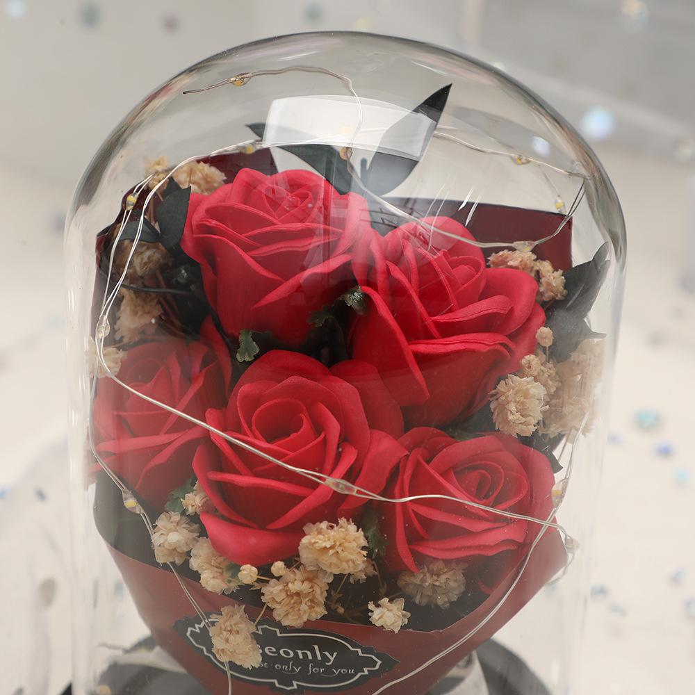 Valentine’s Day Gift: Preserved Rose Night Light Ornament with Artificial Soap Flower, Glass-Covered Souvenir.