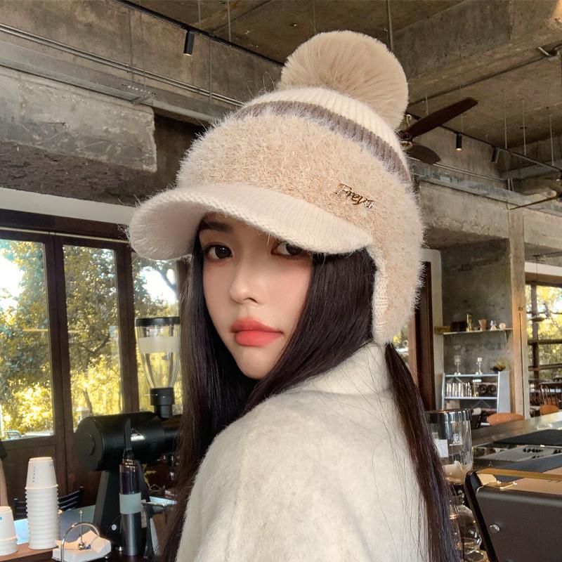Knit Hat Women Winter Warm Woolen Earmuff Cap With Short Brim For Casual Fashion