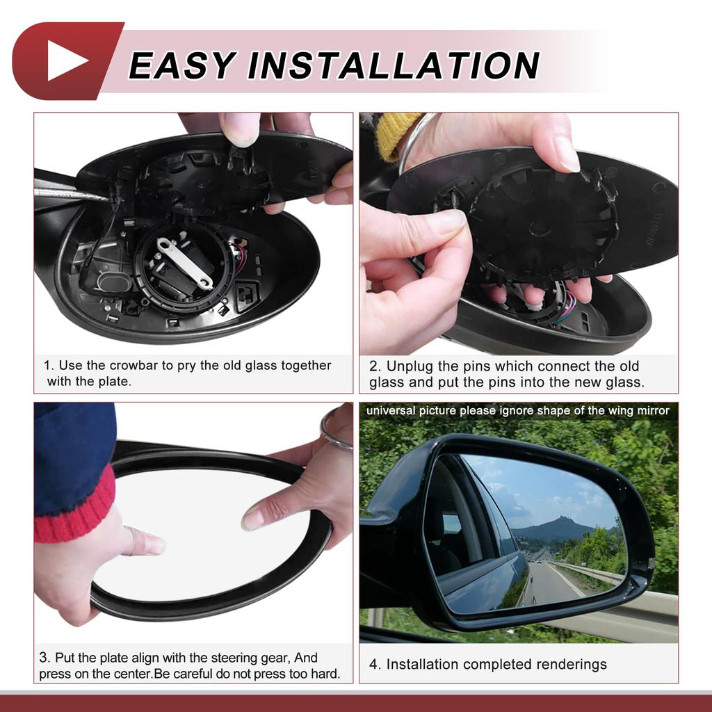 HEROFFIX Mirror Glass Replacement for Toyota Yaris Left Driver Side with Back Real Glass Plastic 1-Piece 2012-2017, Plate, No. 879090D580,