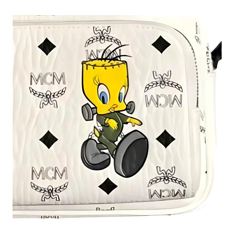 New MCM LOONEY TUNES Collaboration Limited Edition Coated Canvas Camera Bag, Shoulder Bag, Crossbody Bag Small Unisex White MMRDSTA07WT001