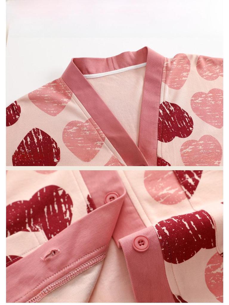 Girls' Cotton Kimono Pajama Set - Long-Sleeve Cardigan & Trousers with Cute Cartoon Design for Spring and Autumn