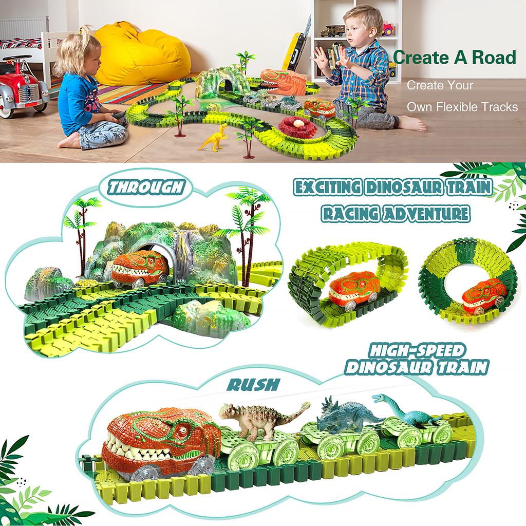 Dinosaur Train Toys Create A Dinosaur World Road Race-Flexible Track Playset, Dinosaurs Toys Race Car for Old Boy Girls