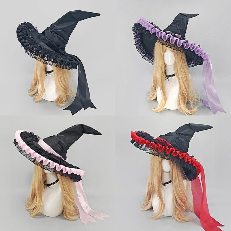 Halloween Dark Lace Witch Hat Cosplay Headpiece for Beach Conventions Subculture Semi-handmade Adjustable Character Wizard Hat