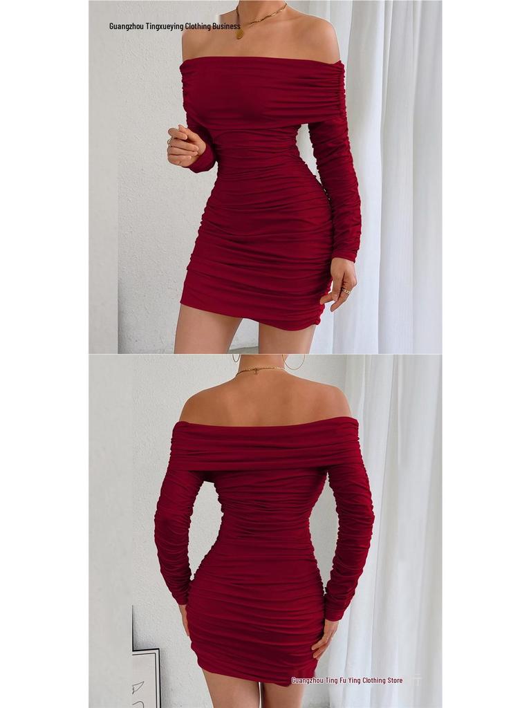 Autumn/Winter One-Shoulder Long Sleeve Pleated Slim-fit Dress for Women