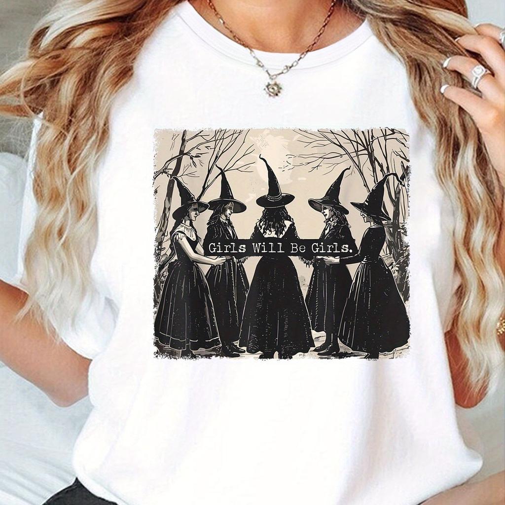 GIRLS WILL BE GIRLS Witch In the Forest Print Sport Crew Neck T-shirts Spring Summer Short Sleeve T-shirts Tops Loose Shirt