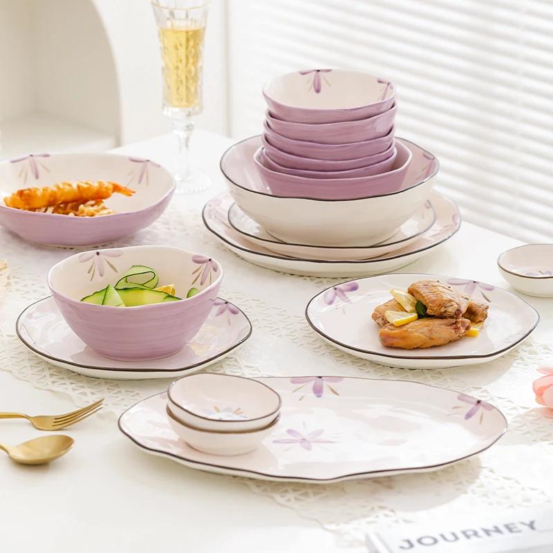 Romantyczne Fioletowe Ceramiczne Talerze Lekki Luksus Restauracja Talerz na Owoce i Sałatkę Domowa Kuchnia Talerz do Pasty Wykwintne Miseczki do Ryżu