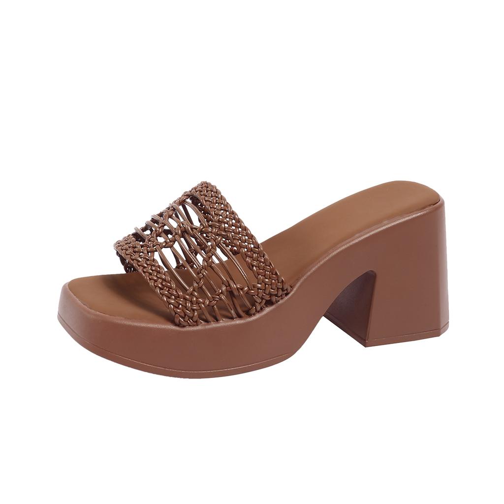 Fashion High -heeled Women's Sandals 2024 Summer New Fashion Versatile Toe Thick Bottom Non -slip Leisure High Heel Tide Sandy Slippers