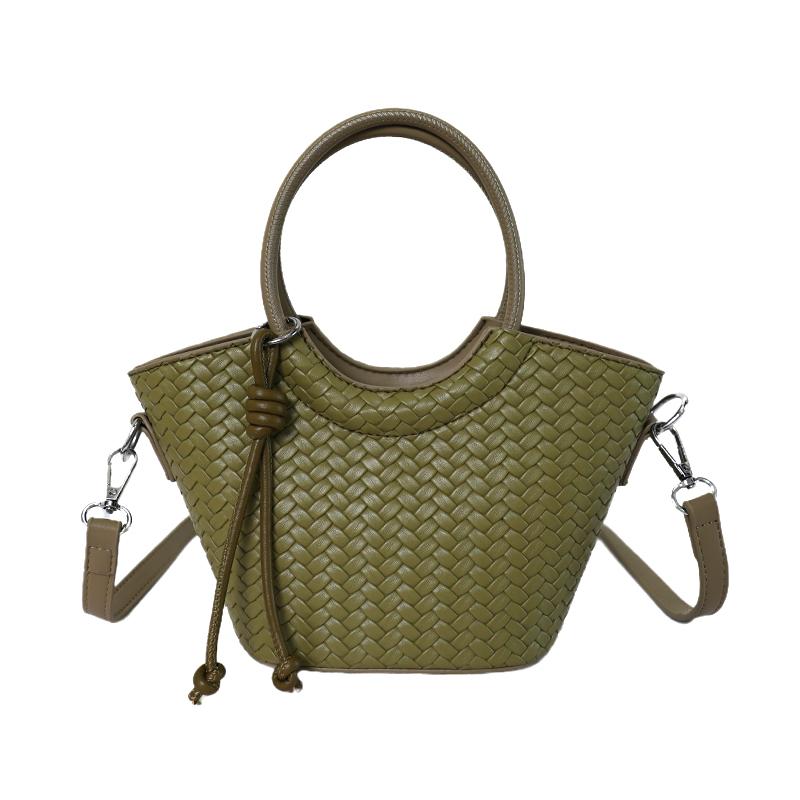 Woven Texture Mini Tote Bag with Round Handle and Detachable Strap