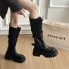 Over The Knee Stack Boots Fashion Pointed Toe Sleeve Pleated Rivet Waterproof Non-Slip Block Heel Single Shoes