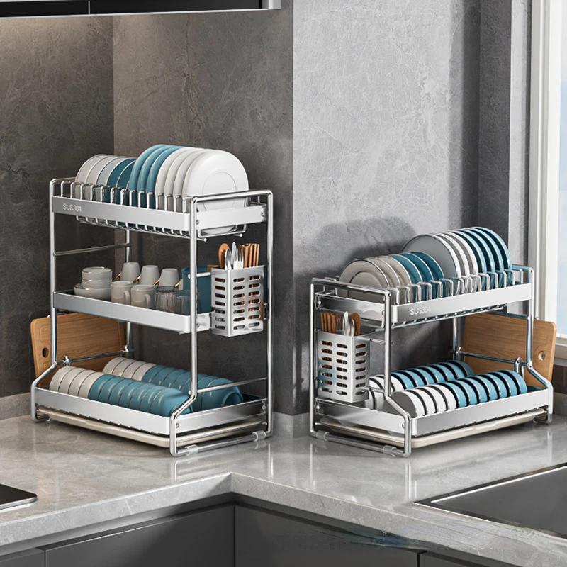 304 Stainless Steel Dish Storage Rack Drain Water Kitchen Multifunctional Bowl and Plate Holder Organizer