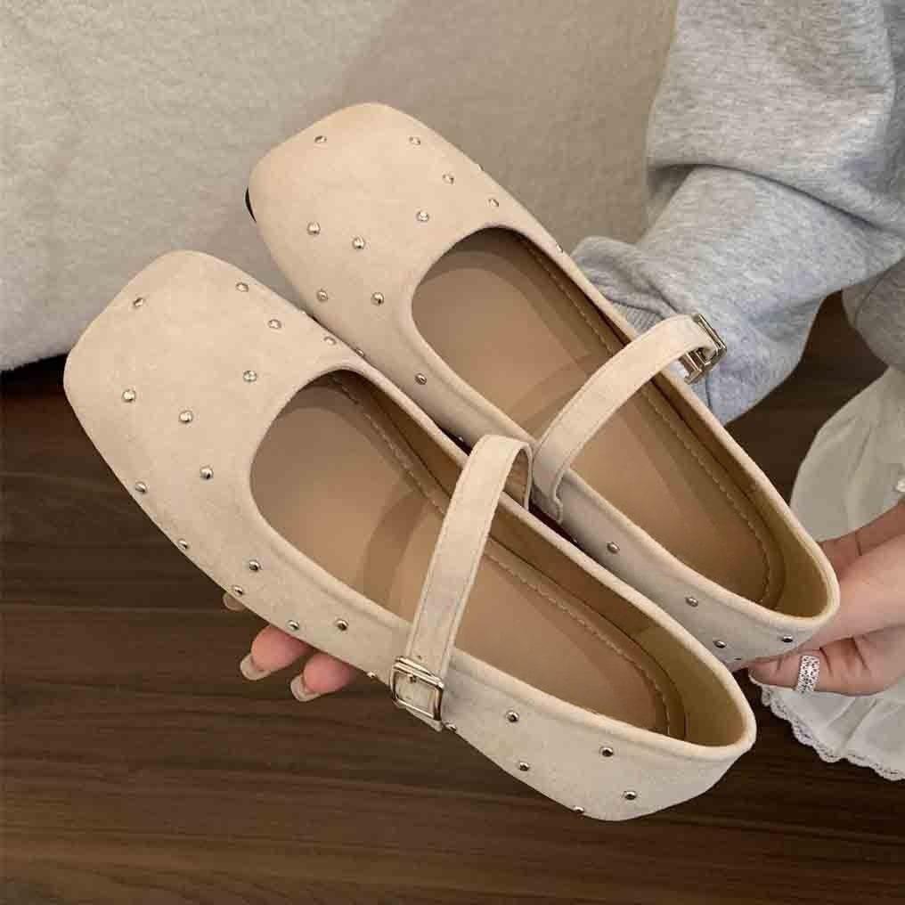 Rivet suede square head shallow mouth single shoes female spring gentle fairy wind French casual flat Mary Jane shoes